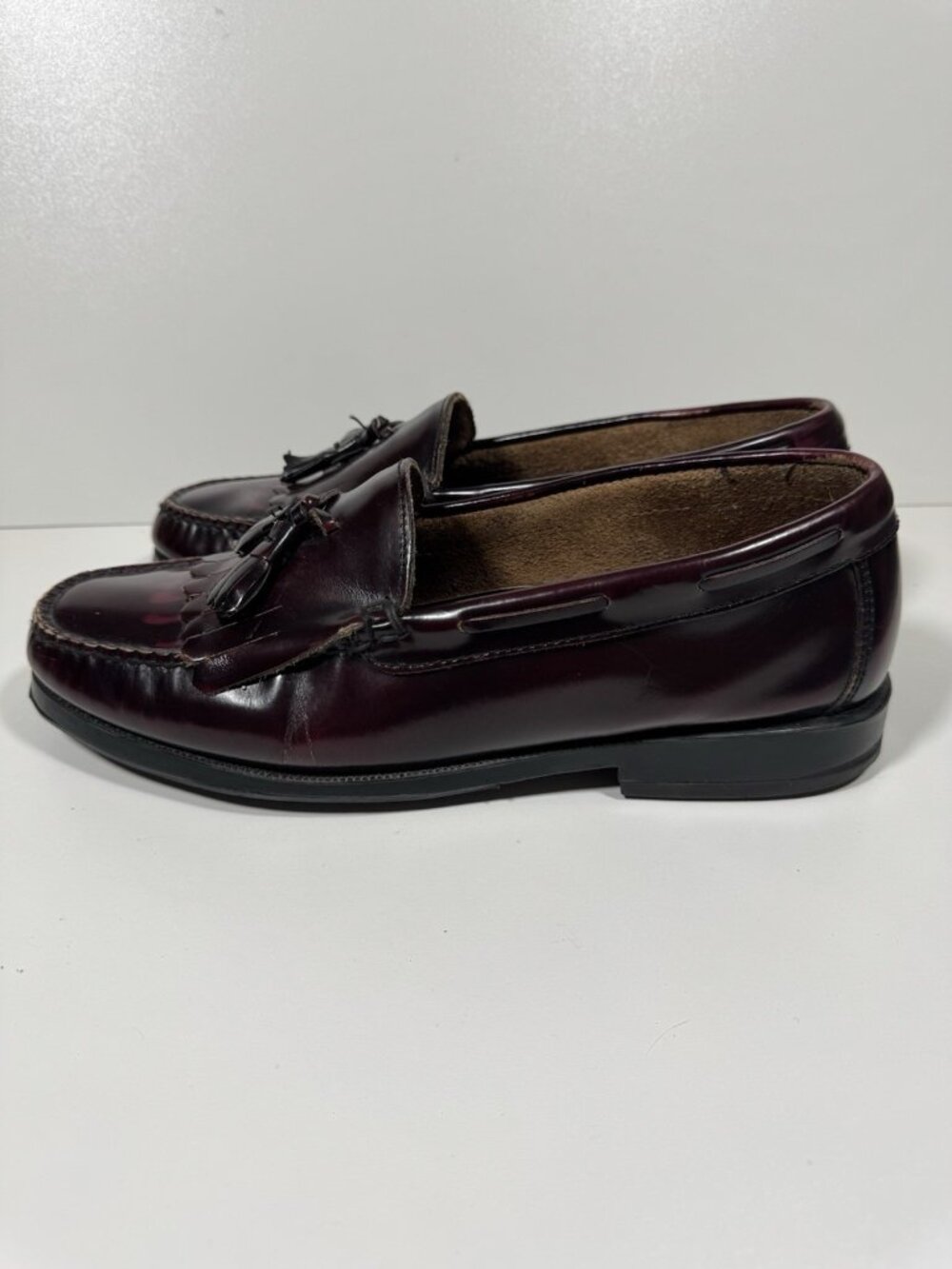Bass Kiltie Tassel Loafers Men's 11 W Wide Burgundy Oxblood Leather Preppy Vtg